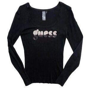 Clingy Scoop Neck Ribbed Sweater with Guess Logo Embroidered in Sequins on Chest
